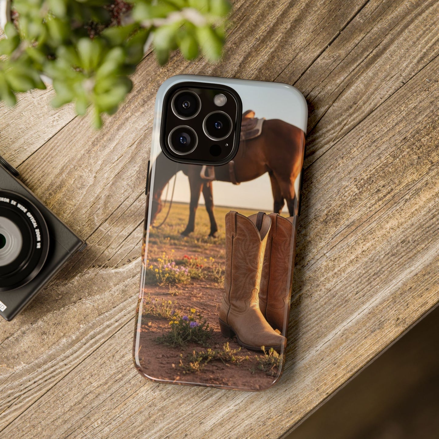 Western Cowboy Boots Phone Case – Rustic Horse Sunset Tough Case (iPhone, Samsung, Pixel)