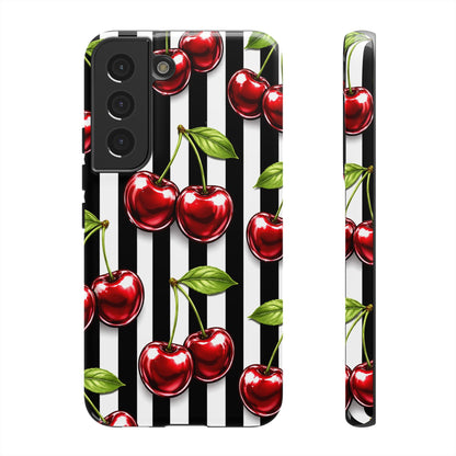 Cherry Pattern Phone Case Black White Stripe Retro Aesthetic Tough Cover