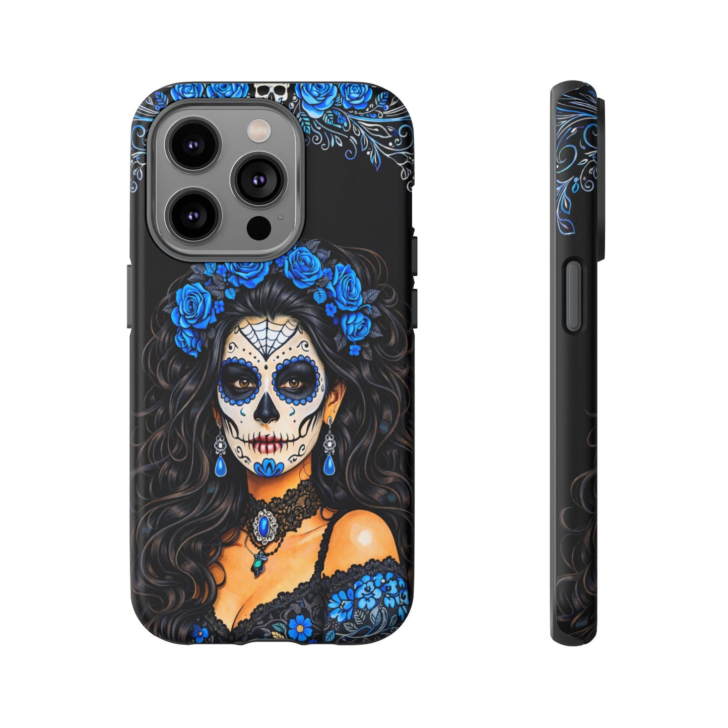Blue Sugar Skull Woman Phone Case – Day of the Dead Aesthetic Tough Cover