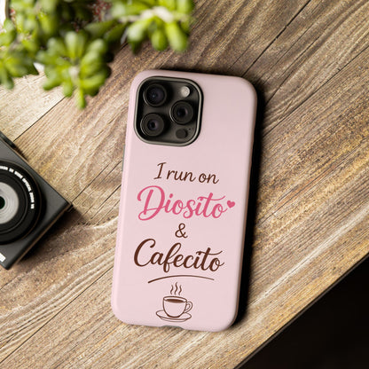 I Run on Diosito y Cafecito Phone Case, Pink Aesthetic Latina Faith Coffee Case, Girly Protective iPhone Samsung Cover