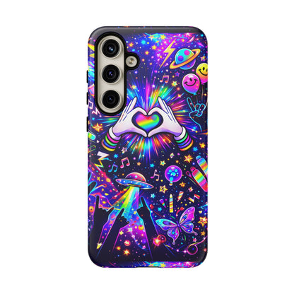 Rainbow Heart Hands Phone Case – Neon Galaxy EDM Festival Tough Cover