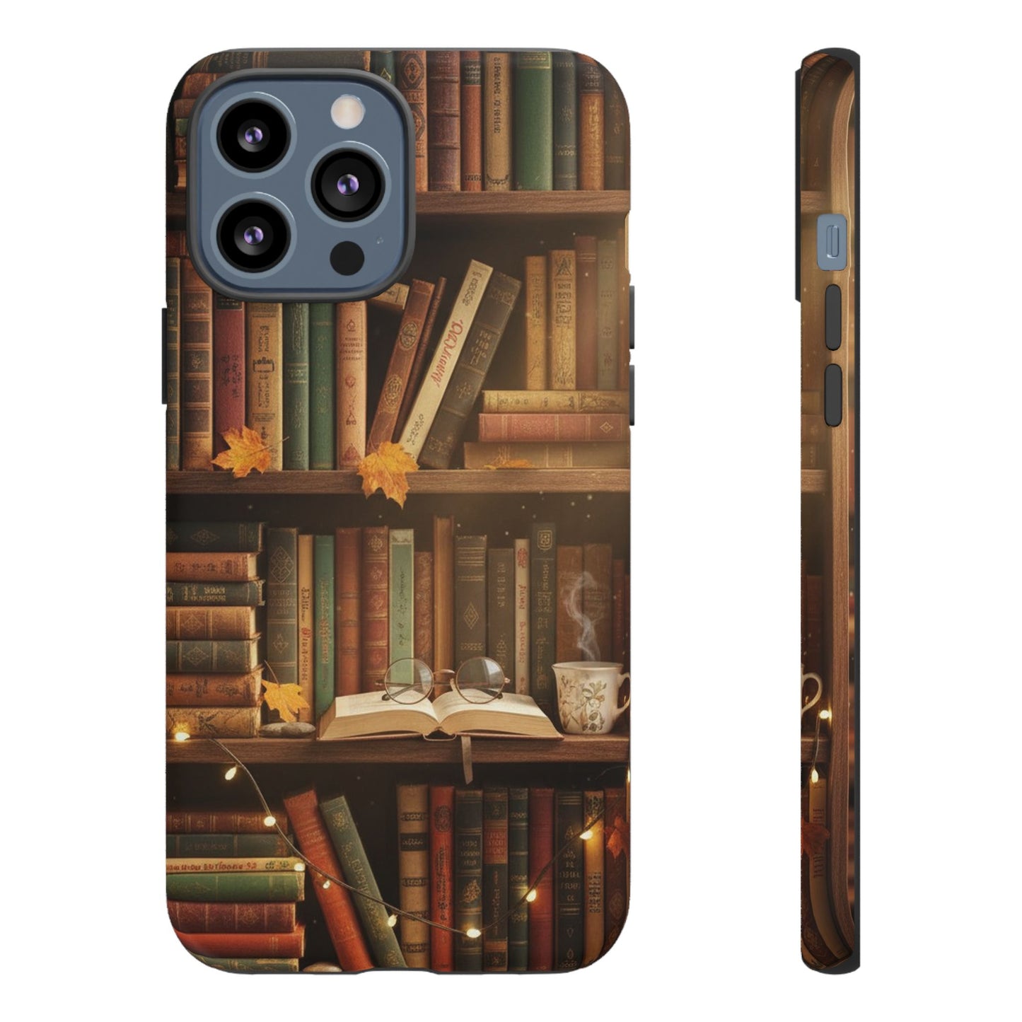 Cozy Vintage Bookshelf Phone Case, Library Aesthetic Book Stack, Autumn Coffee Vibes (iPhone, Samsung, Pixel)