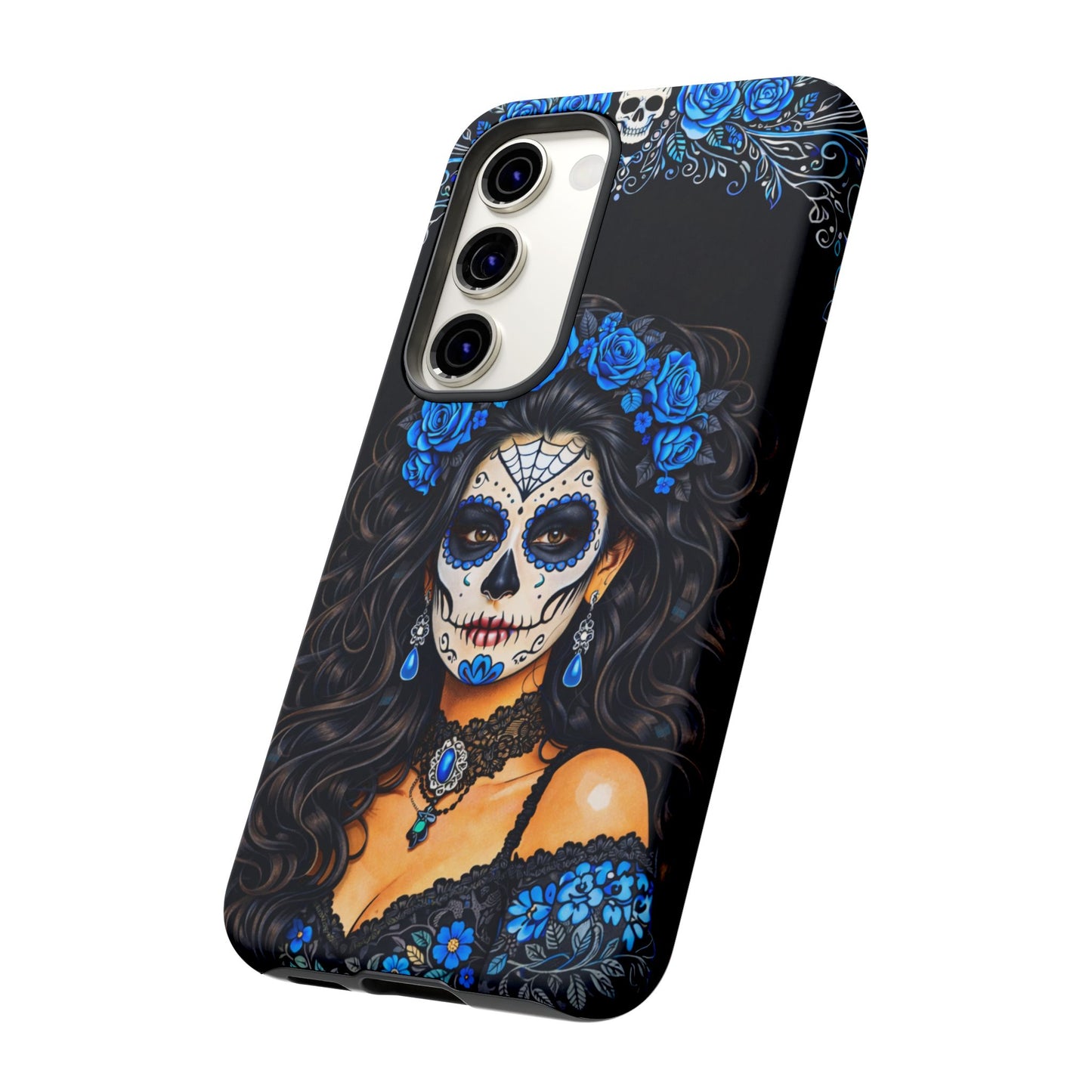 Blue Sugar Skull Woman Phone Case – Day of the Dead Aesthetic Tough Cover