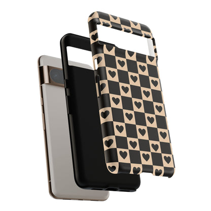 Checkerboard Heart Phone Case – Black & Beige Cute Aesthetic Protective Cover for Iphone, Samsung Galaxy and Pixel