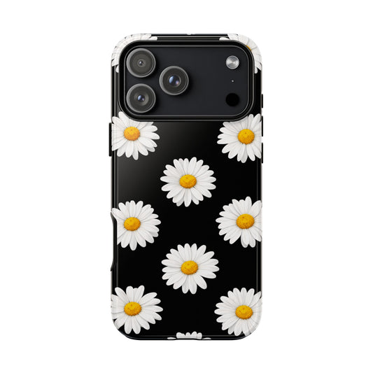 Black Daisy Floral Tough Phone Case – Cute Protective Cover for Iphone, Samsung Galaxy and Pixel
