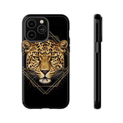 Leopard Head Geometric Phone Case – Black & Gold Luxe Tough Case