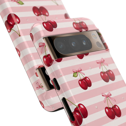 Coquette Cherry Bow Phone Case | Cute Pink Aesthetic Cherry Pattern Tough Case for iPhone & Samsung