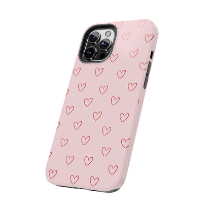 Pink Doodle Hearts Phone Case | Minimal Cute Heart Pattern Tough Case