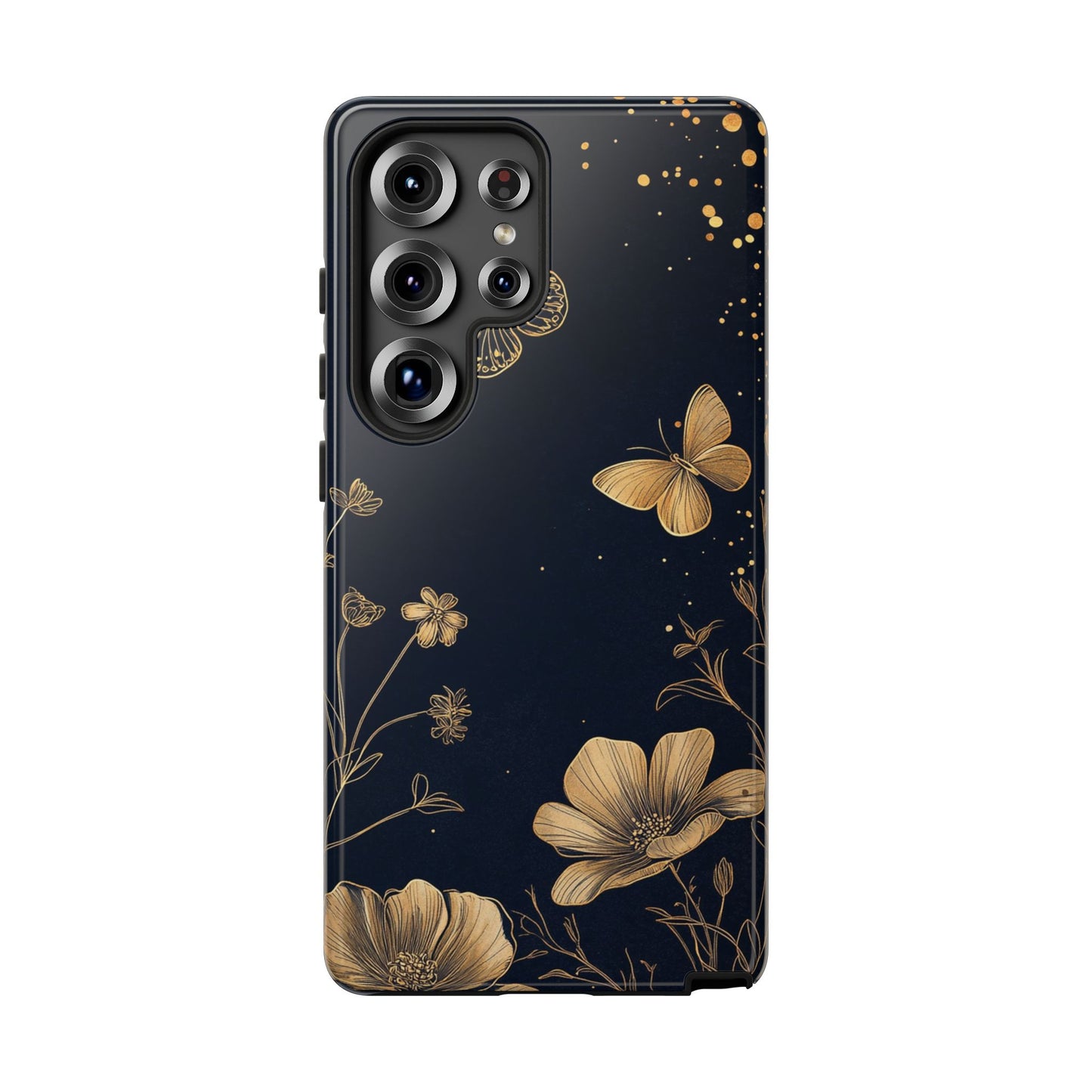 Gold Floral Butterfly Phone Case, Dark Aesthetic Botanical, Elegant Black Luxury iPhone Samsung Cover