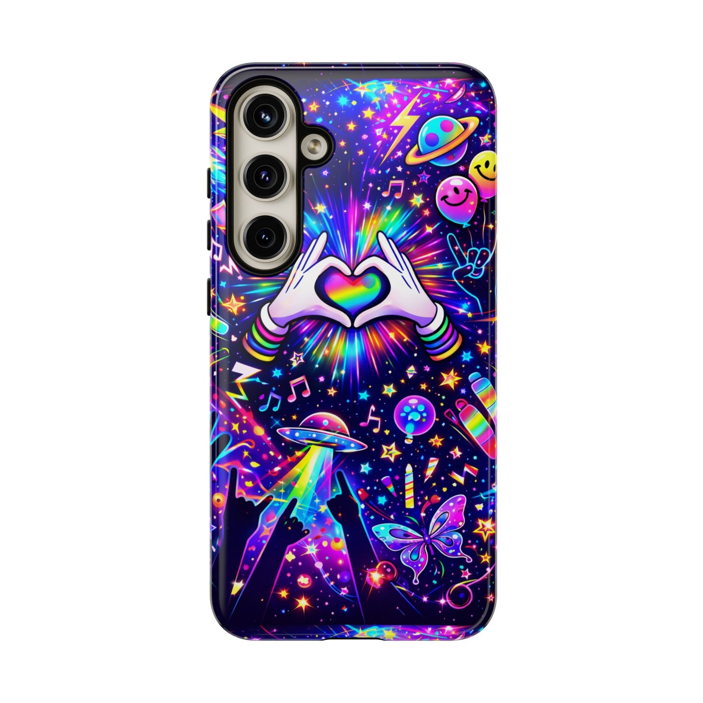 Rainbow Heart Hands Phone Case – Neon Galaxy EDM Festival Tough Cover