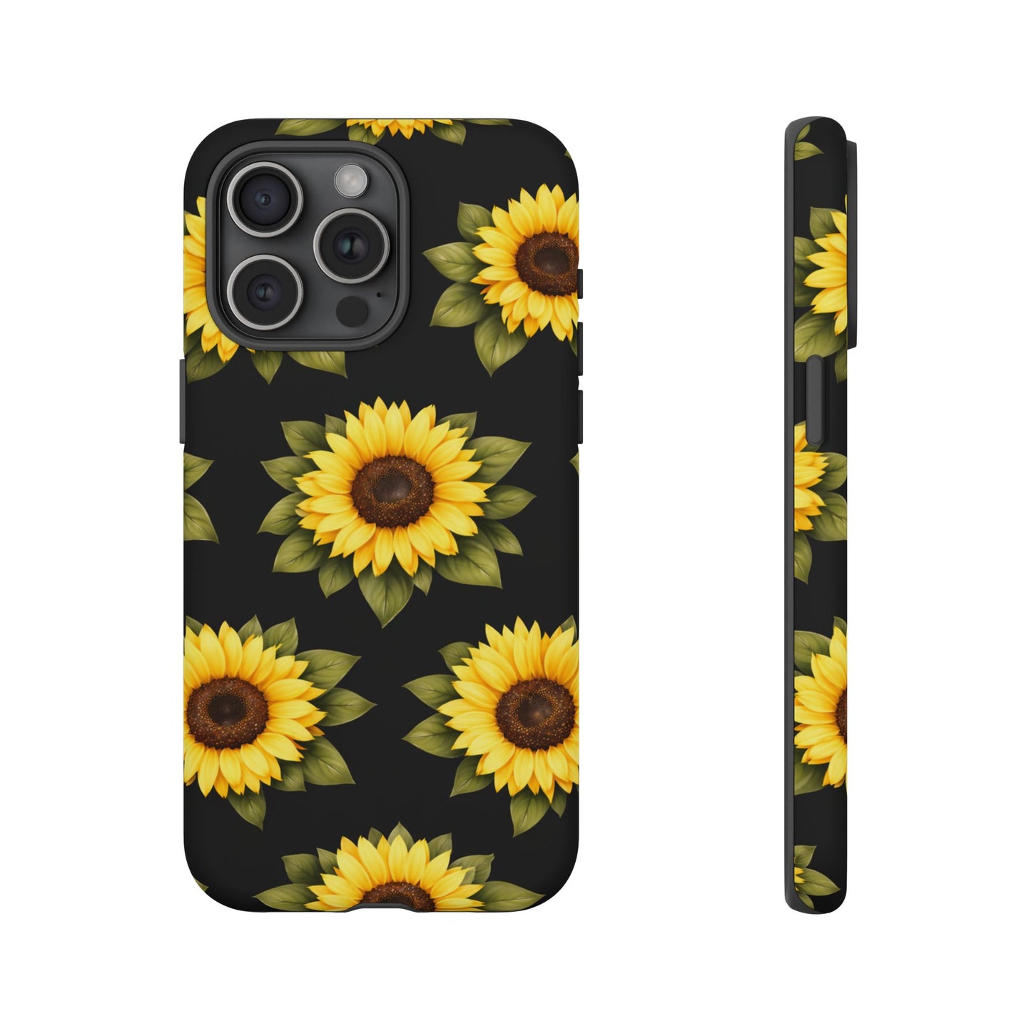 Sunflower Floral Tough Phone Case – Black Background Protective Cover for Iphone, Samsung Galaxy and Pixel