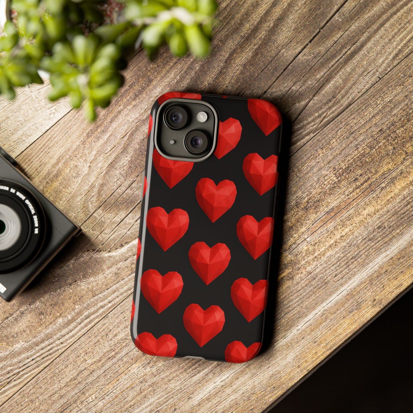 Red Heart Phone Case – Geometric Heart Pattern Tough Case (Black)