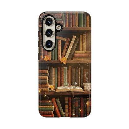 Cozy Vintage Bookshelf Phone Case, Library Aesthetic Book Stack, Autumn Coffee Vibes (iPhone, Samsung, Pixel)