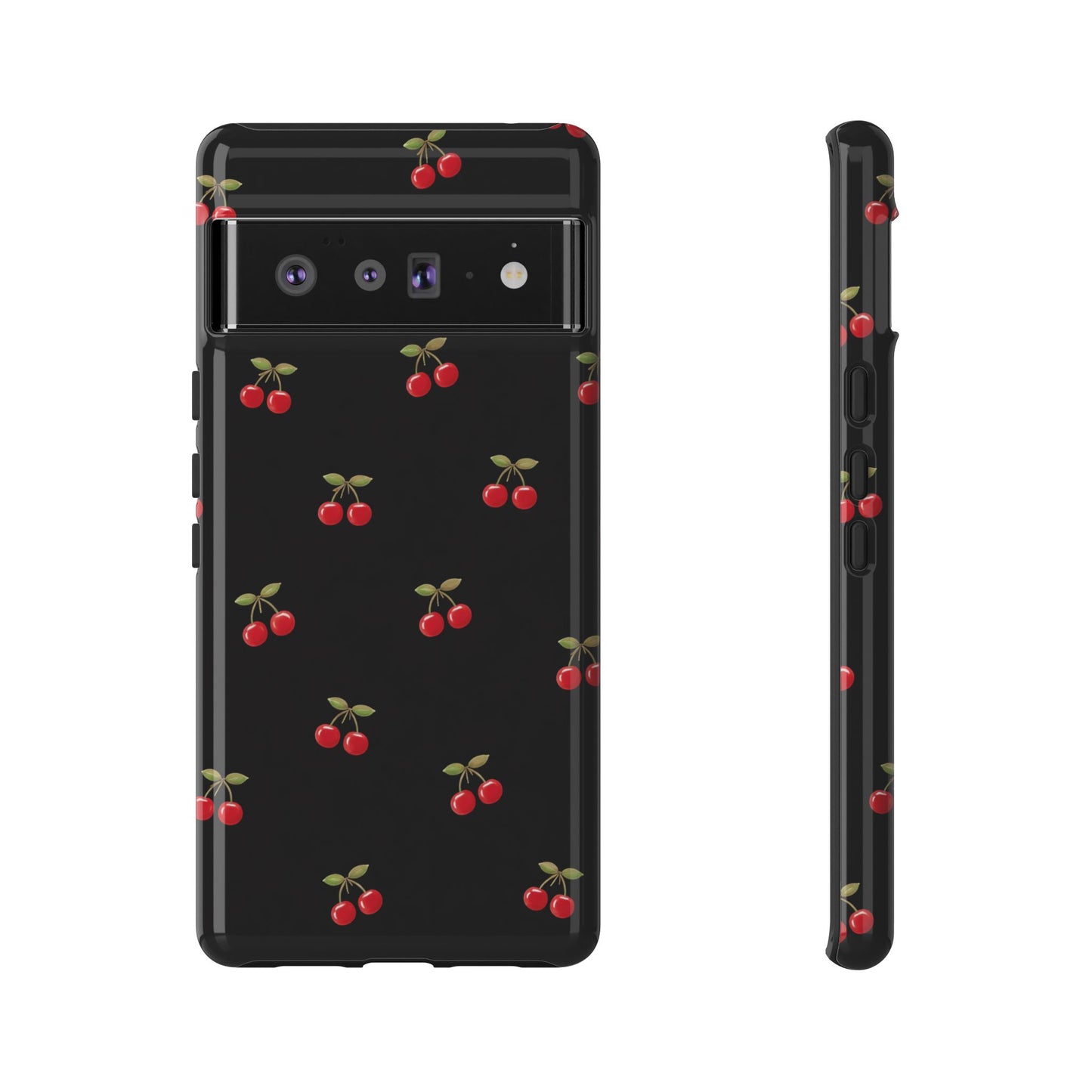 Cherry Pattern Phone Case — Slim Black Protective iPhone Case with Red Cherries for Iphone, Samsung Galaxy and Pixel