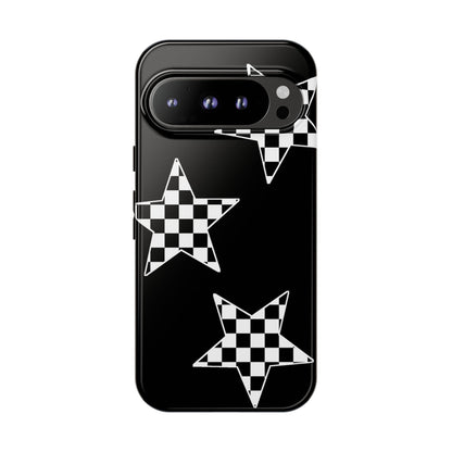 Checkered Star Tough Phone Case – Black Retro Graphic Protective Cover for Iphone, Samsung Galaxy and Pixel
