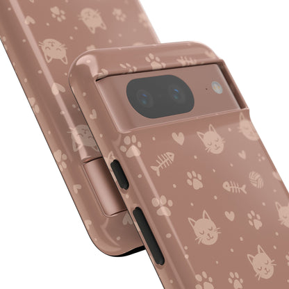 Cute Cat Pattern Phone Case | Paw Prints, Fishbone & Yarn Design Tough Case