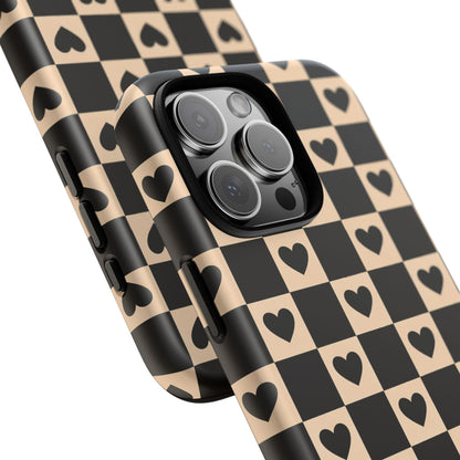 Checkerboard Heart Phone Case – Black & Beige Cute Aesthetic Protective Cover for Iphone, Samsung Galaxy and Pixel