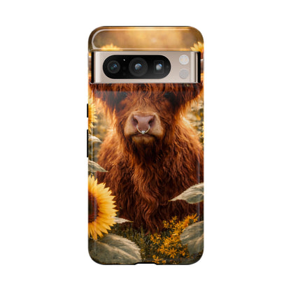 Highland Cow Sunflower Phone Case | Floral Farmhouse iPhone, Samsung Galaxy and Pixel Cover