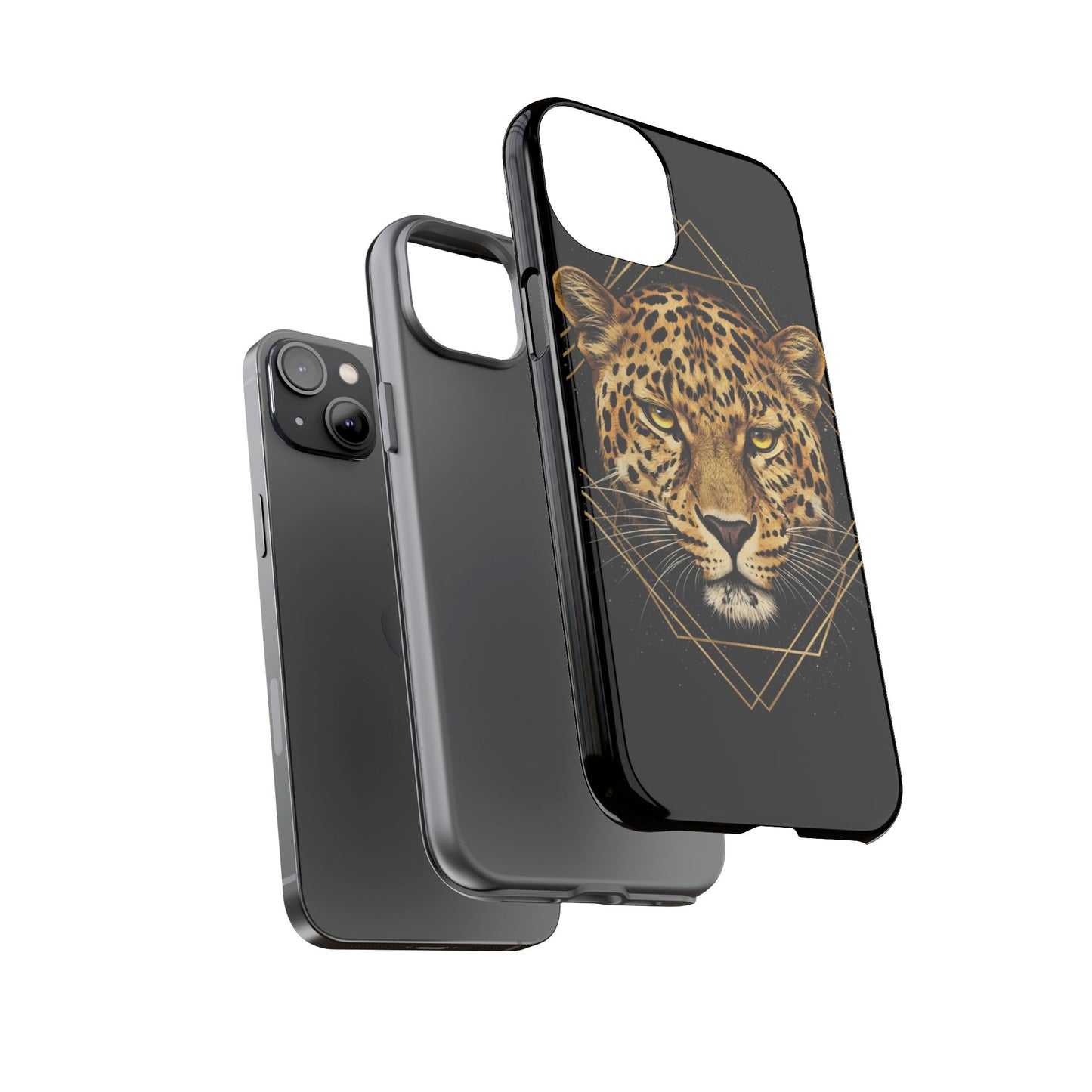 Leopard Head Geometric Phone Case – Black & Gold Luxe Tough Case