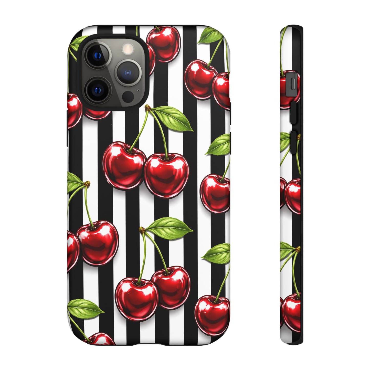 Cherry Pattern Phone Case Black White Stripe Retro Aesthetic Tough Cover
