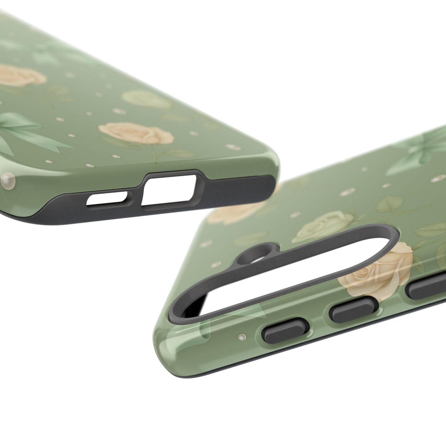 Vintage Rose Bow Phone Case – Sage Green Floral Coquette Aesthetic Tough Case (iPhone, Samsung, Pixel)