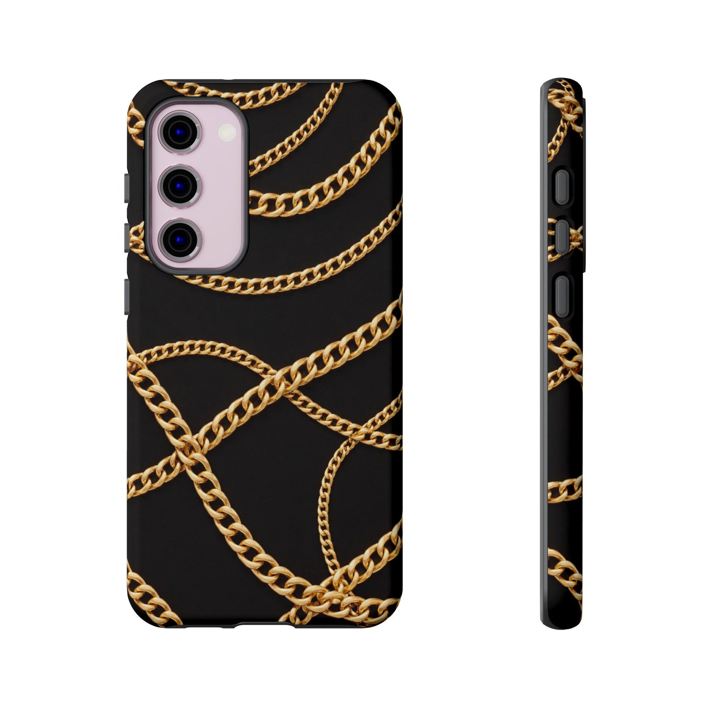 Luxury Gold Chain Phone Case – Black Designer Style Tough Protective Cover for Iphone, Samsung Galaxy and Pixel