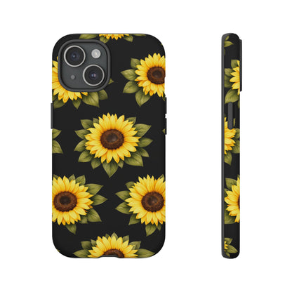 Sunflower Floral Tough Phone Case – Black Background Protective Cover for Iphone, Samsung Galaxy and Pixel