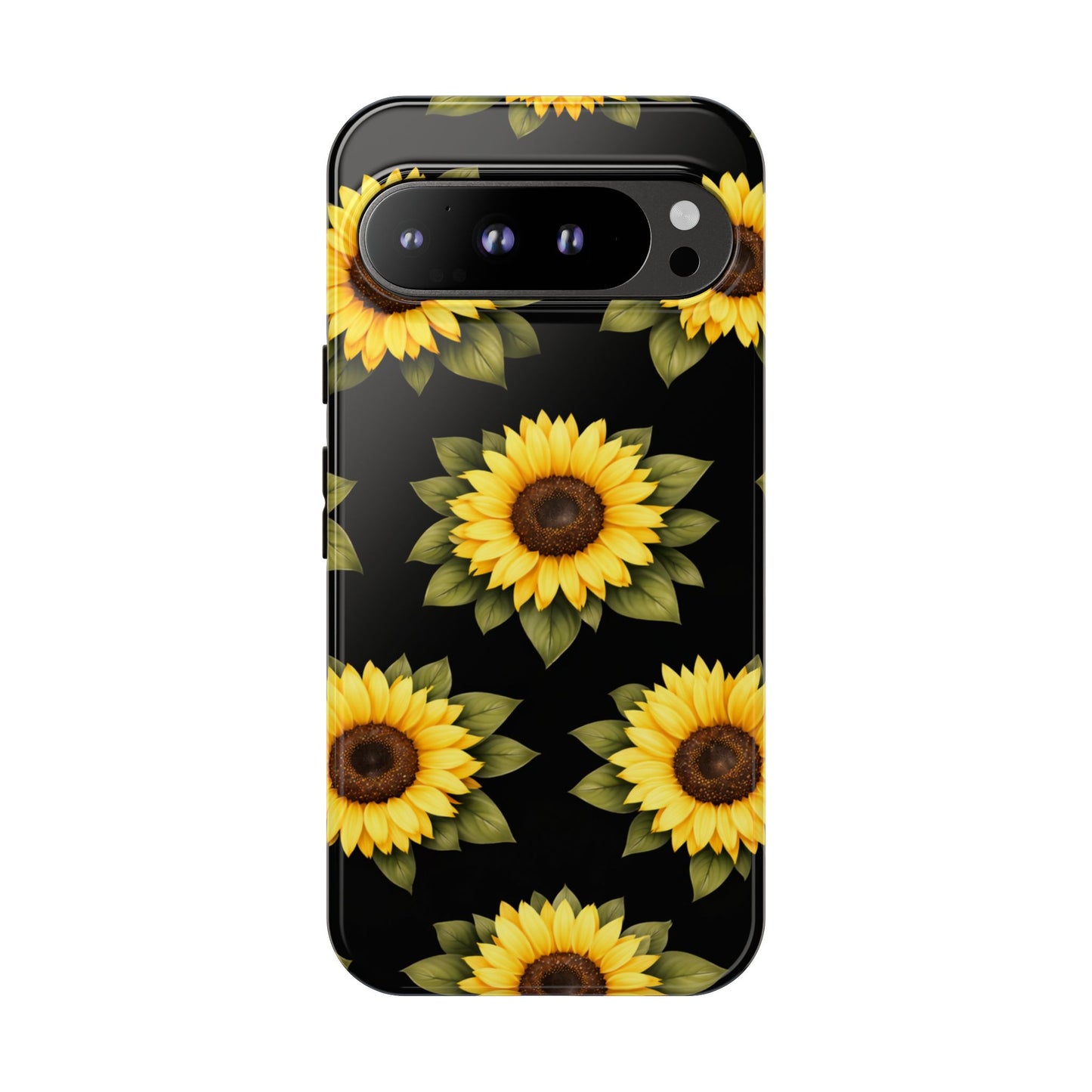 Sunflower Floral Tough Phone Case – Black Background Protective Cover for Iphone, Samsung Galaxy and Pixel
