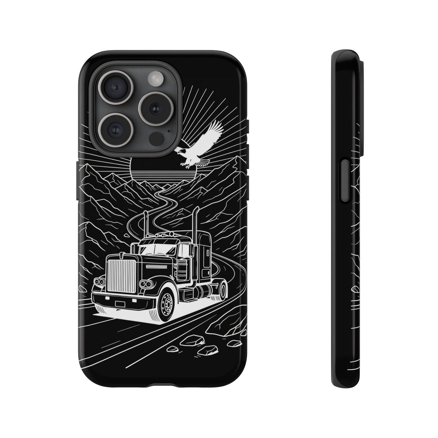 Trucker Highway Phone Case | Eagle & Mountain Line Art | Black Western Tough Case