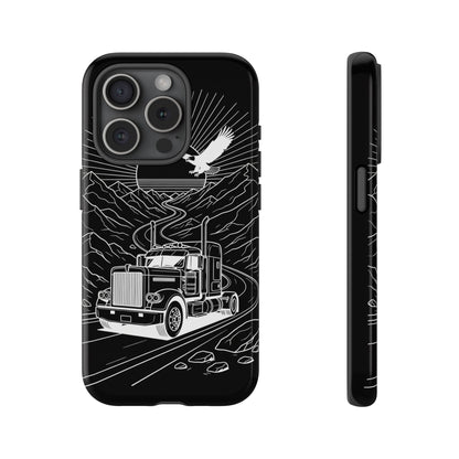 Trucker Highway Phone Case | Eagle & Mountain Line Art | Black Western Tough Case