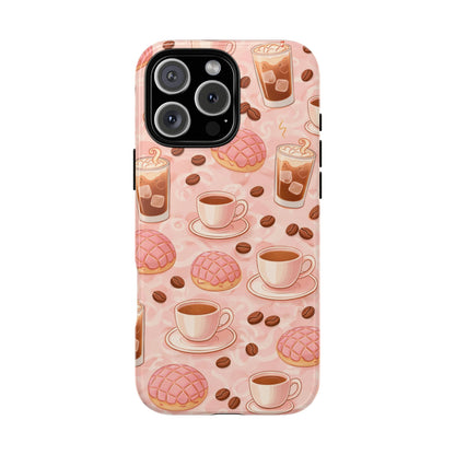 Cute Coffee & Pink Concha Phone Case – Coffee Lover Aesthetic Latte Pattern Tough Case