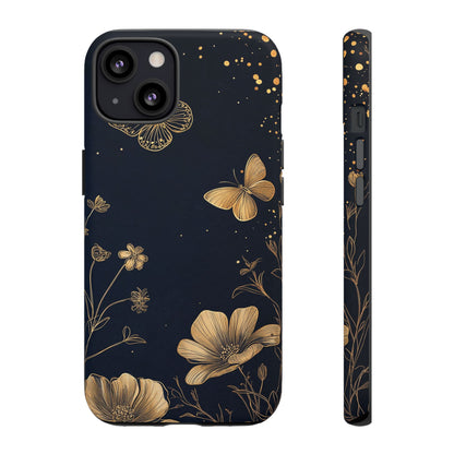 Gold Floral Butterfly Phone Case, Dark Aesthetic Botanical, Elegant Black Luxury iPhone Samsung Cover
