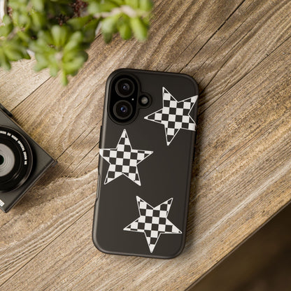 Checkered Star Tough Phone Case – Black Retro Graphic Protective Cover for Iphone, Samsung Galaxy and Pixel