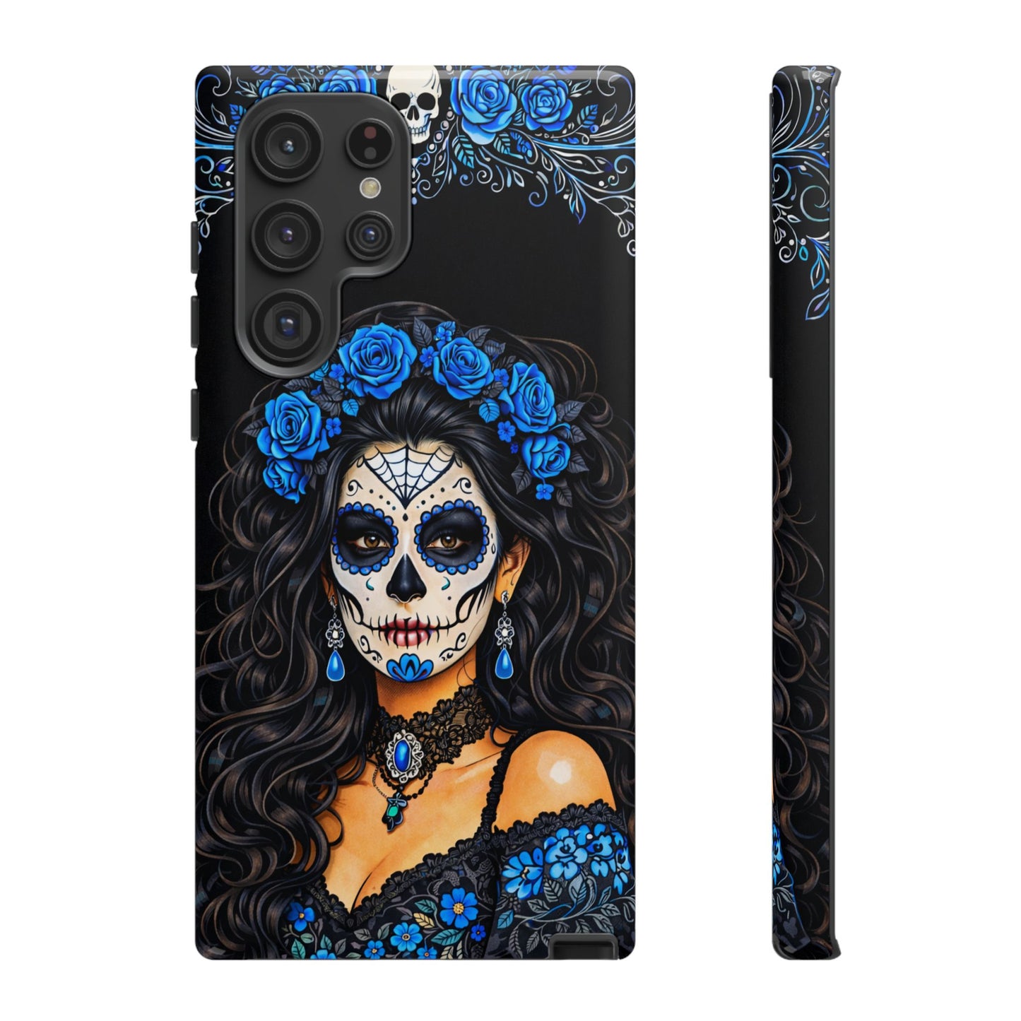 Blue Sugar Skull Woman Phone Case – Day of the Dead Aesthetic Tough Cover