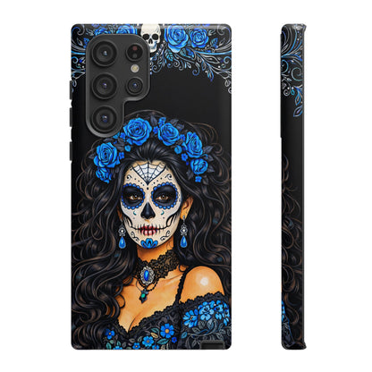 Blue Sugar Skull Woman Phone Case – Day of the Dead Aesthetic Tough Cover