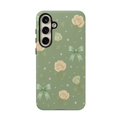 Vintage Rose Bow Phone Case – Sage Green Floral Coquette Aesthetic Tough Case (iPhone, Samsung, Pixel)