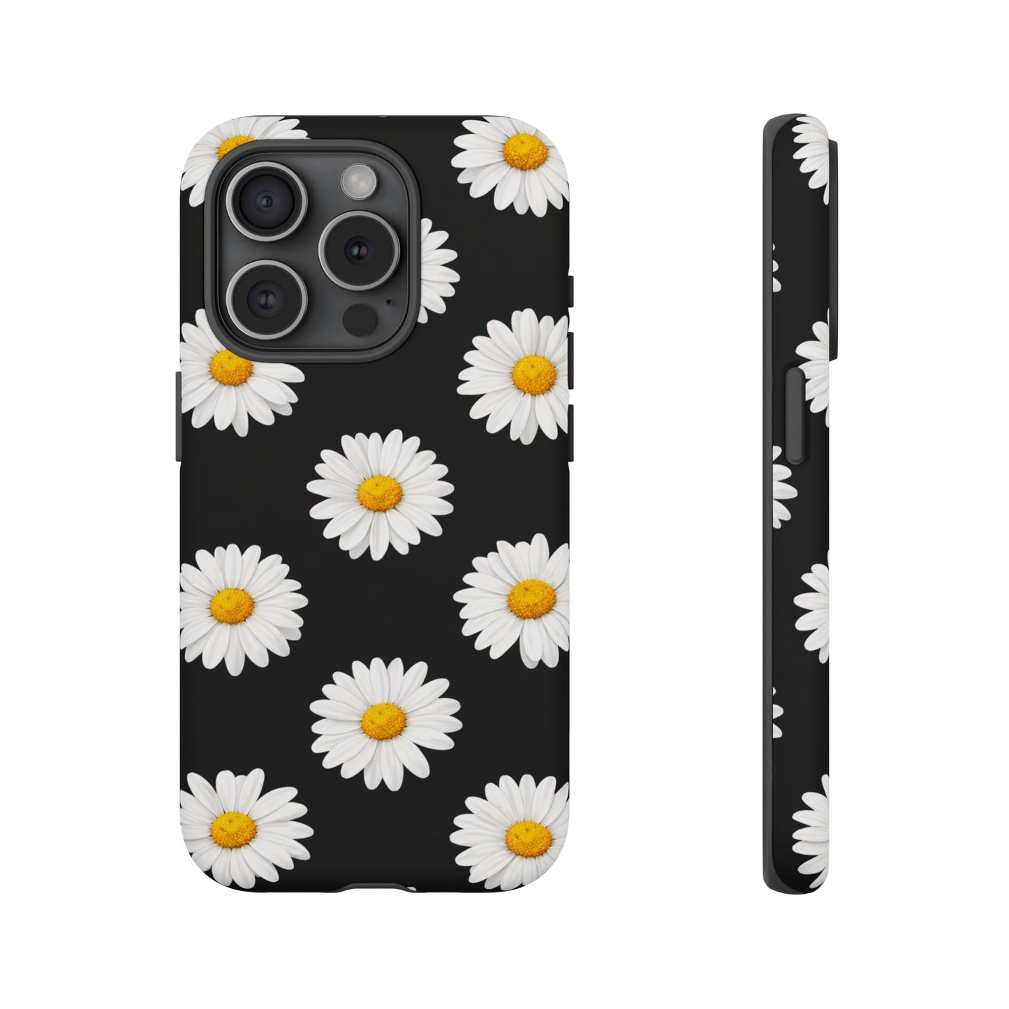 Black Daisy Floral Tough Phone Case – Cute Protective Cover for Iphone, Samsung Galaxy and Pixel