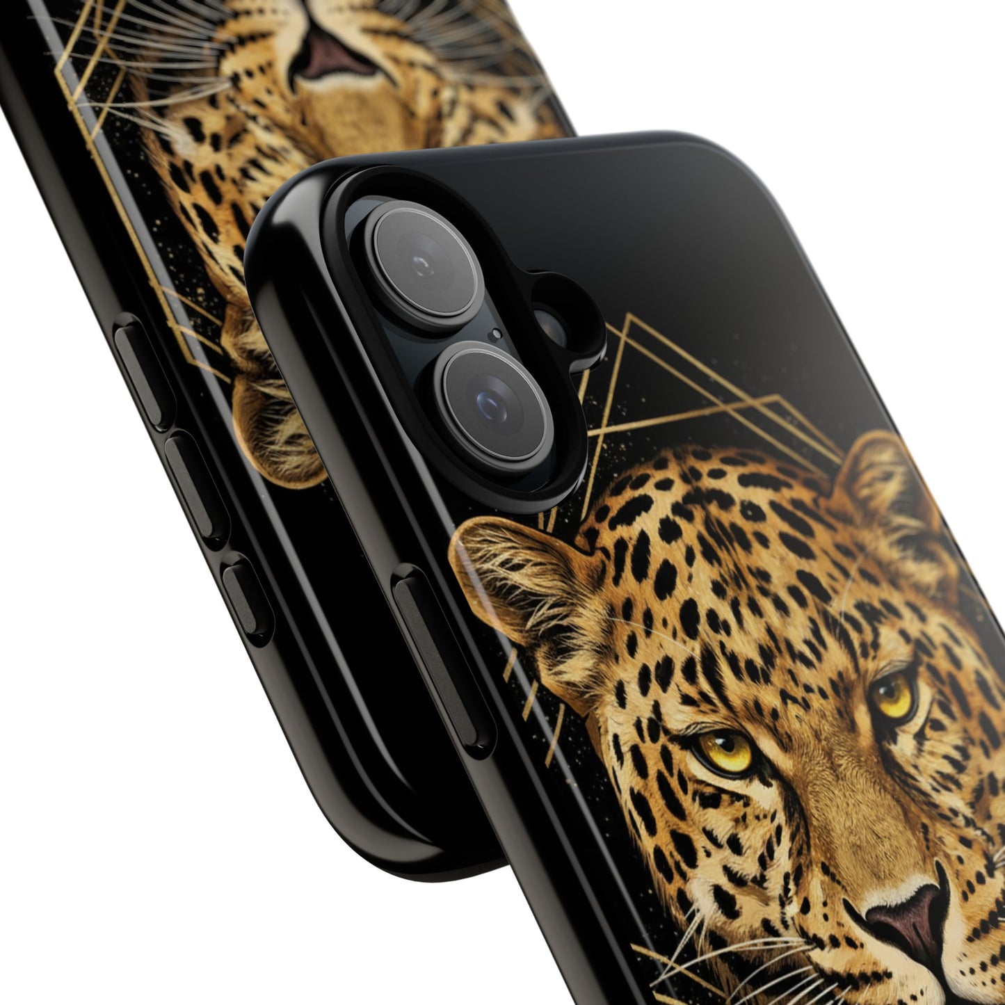 Leopard Head Geometric Phone Case – Black & Gold Luxe Tough Case