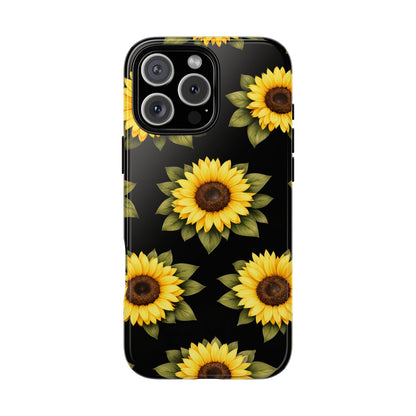 Sunflower Floral Tough Phone Case – Black Background Protective Cover for Iphone, Samsung Galaxy and Pixel