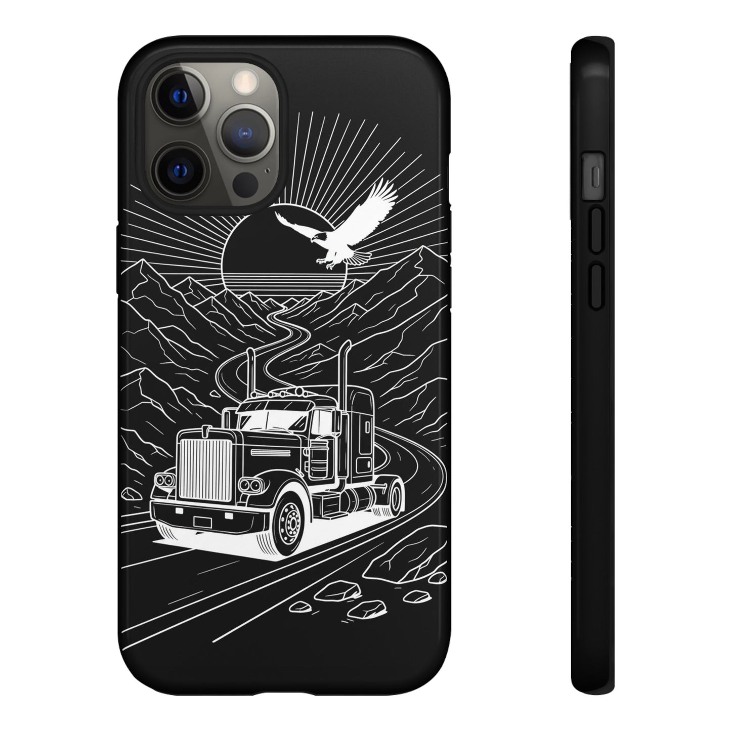 Trucker Highway Phone Case | Eagle & Mountain Line Art | Black Western Tough Case
