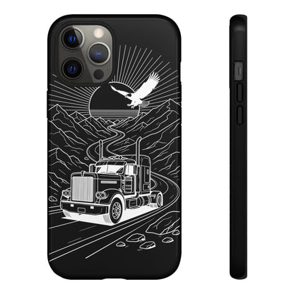 Trucker Highway Phone Case | Eagle & Mountain Line Art | Black Western Tough Case