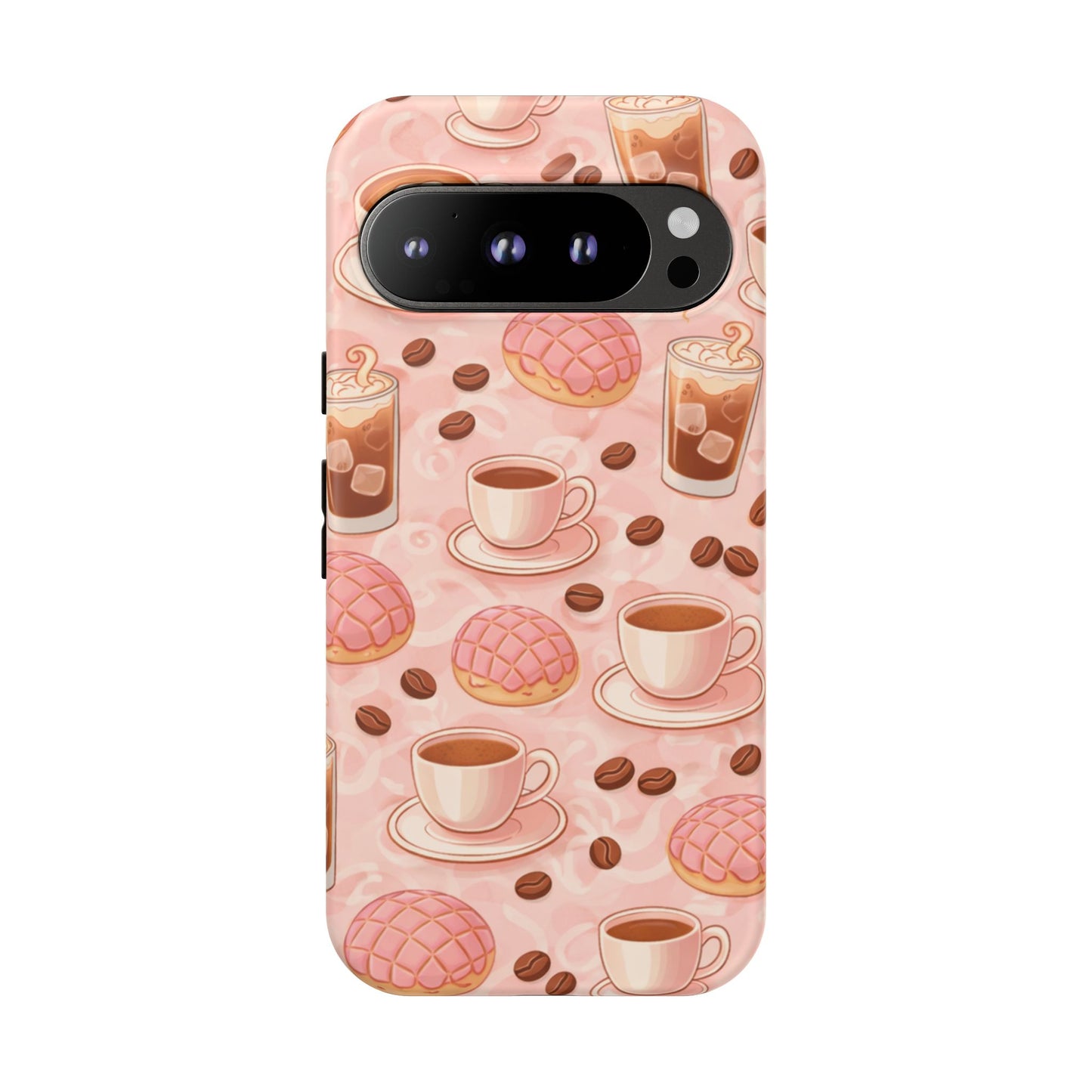 Cute Coffee & Pink Concha Phone Case – Coffee Lover Aesthetic Latte Pattern Tough Case