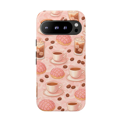 Cute Coffee & Pink Concha Phone Case – Coffee Lover Aesthetic Latte Pattern Tough Case