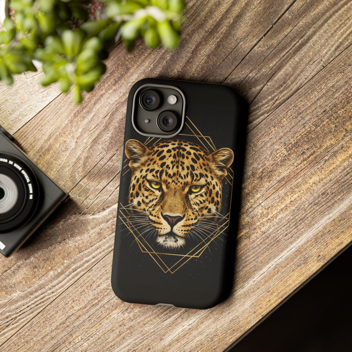 Leopard Head Geometric Phone Case – Black & Gold Luxe Tough Case