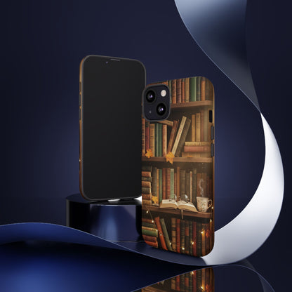 Cozy Vintage Bookshelf Phone Case, Library Aesthetic Book Stack, Autumn Coffee Vibes (iPhone, Samsung, Pixel)