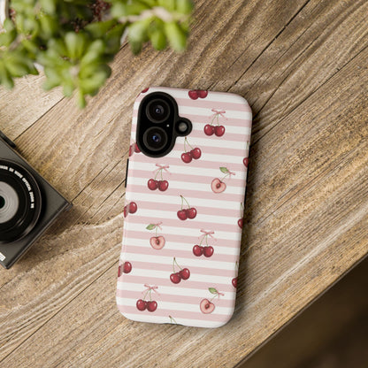 Pink Cherry Stripe Phone Case | Cute Coquette Aesthetic Protective Tough Case