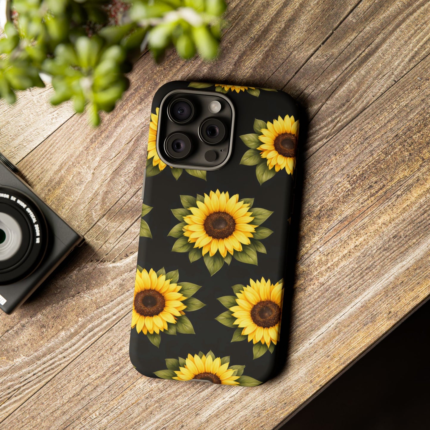 Sunflower Floral Tough Phone Case – Black Background Protective Cover for Iphone, Samsung Galaxy and Pixel
