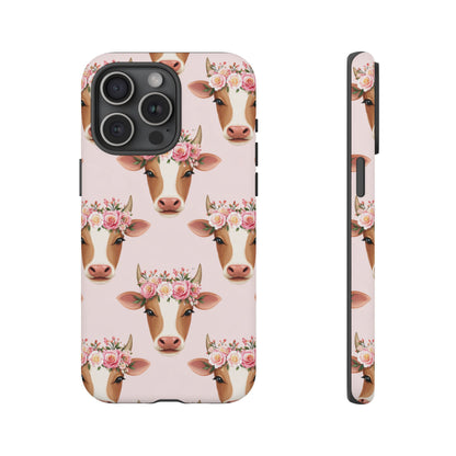 Floral Cow Phone Case – Cute Pink Cow Print Tough Protective Case for Iphone, Samsung Galaxy and Pixel