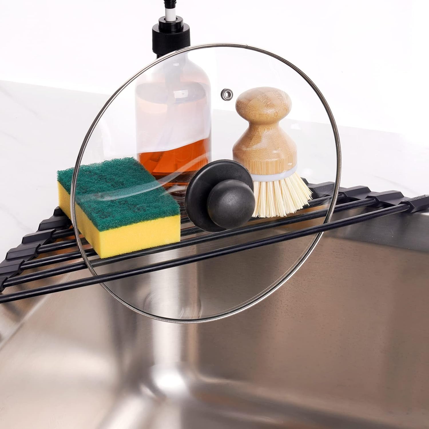 Small Triangle Roll-Up Dish Drying Rack with Silicone Coating Stainless Steel Frame for Sink Corners, Multipurpose Over-The-Sink Kitchen Drainer & Organizer for Space-Saving Storage (Black)