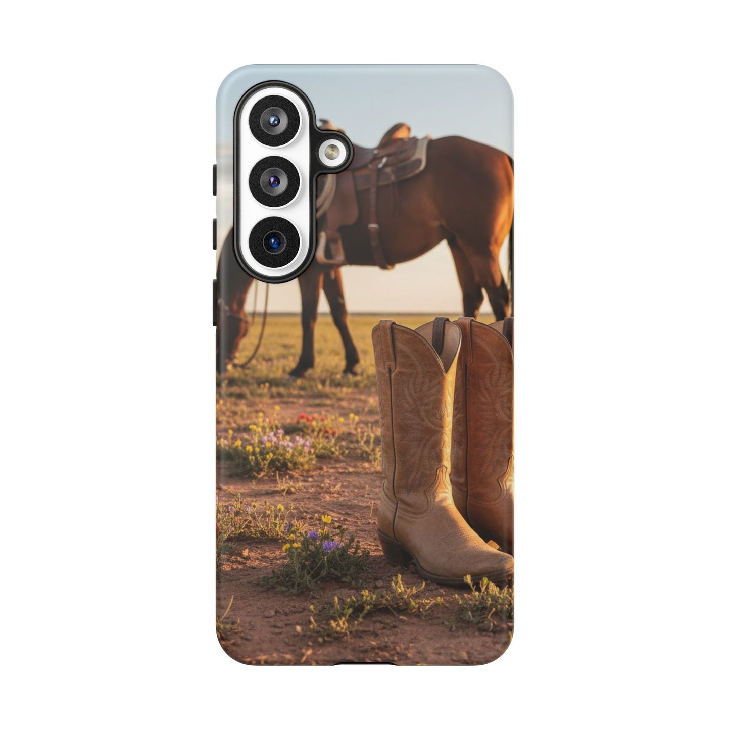 Western Cowboy Boots Phone Case – Rustic Horse Sunset Tough Case (iPhone, Samsung, Pixel)